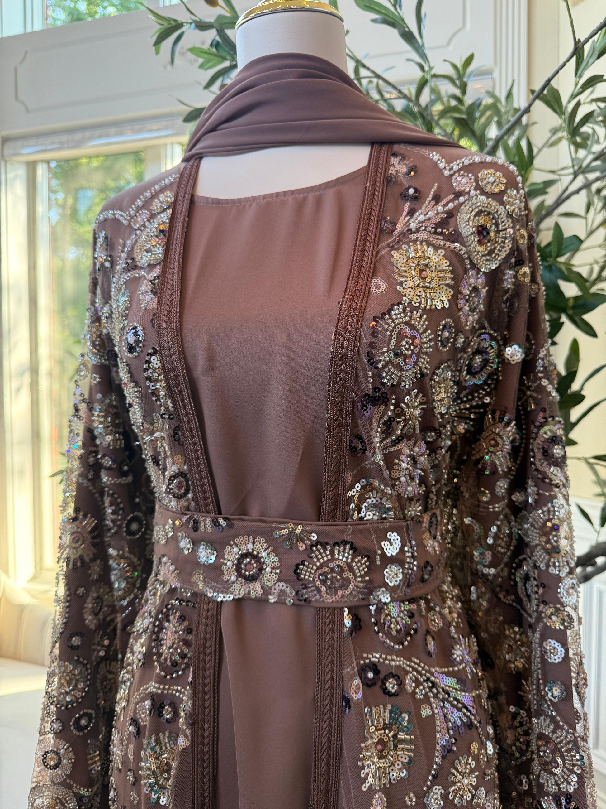 Mocha Crystal Sequin Abaya