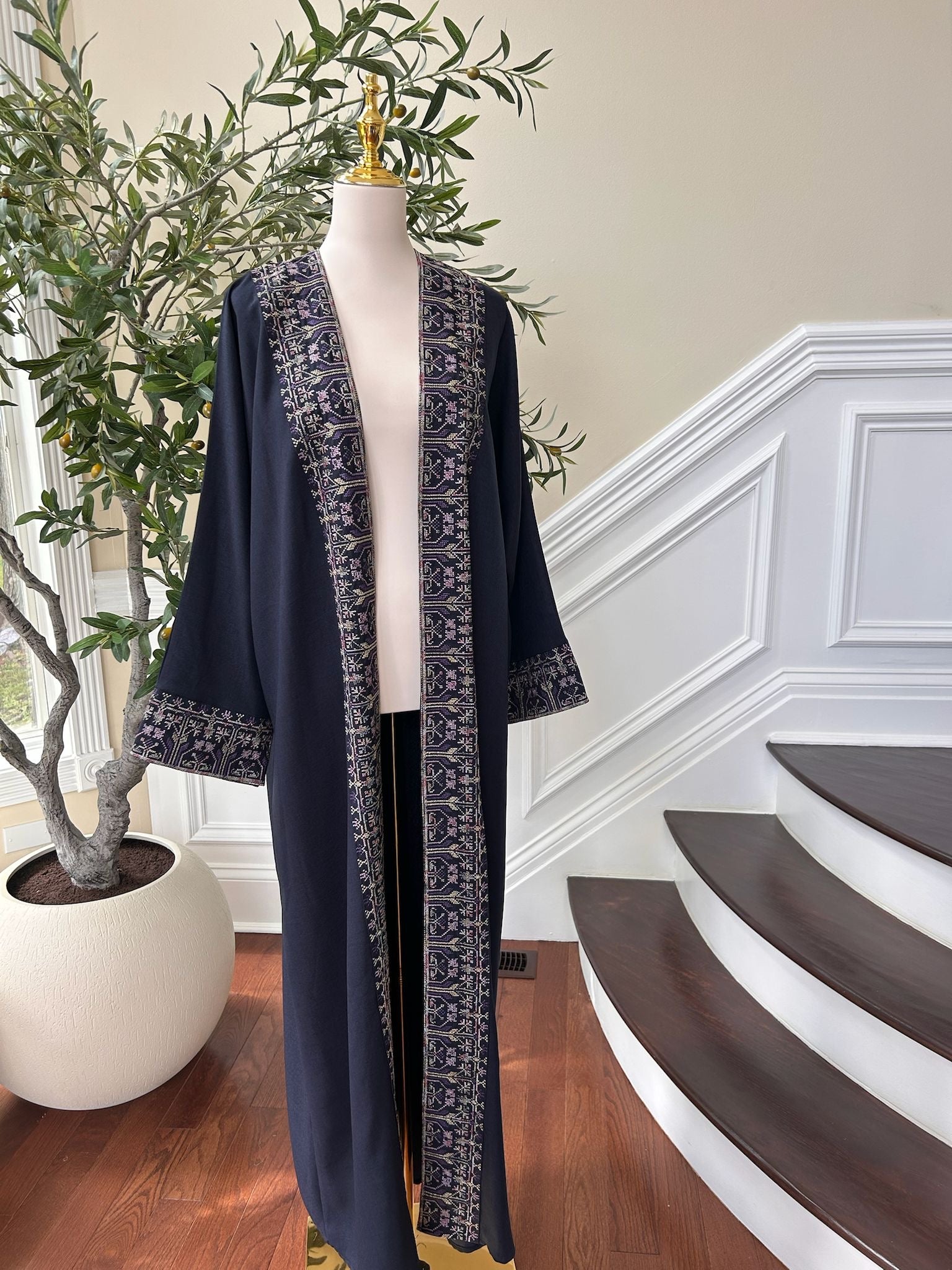 Navy Blue Tatreez Purple Elegance Cardigan Abaya