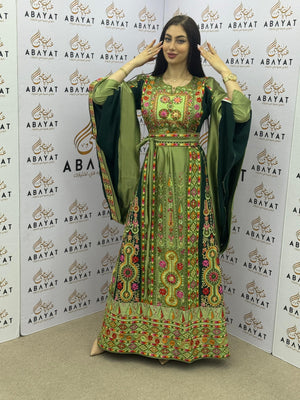 Green Palestinian Embroidered Thobe | Colorful Traditional Design A09092025