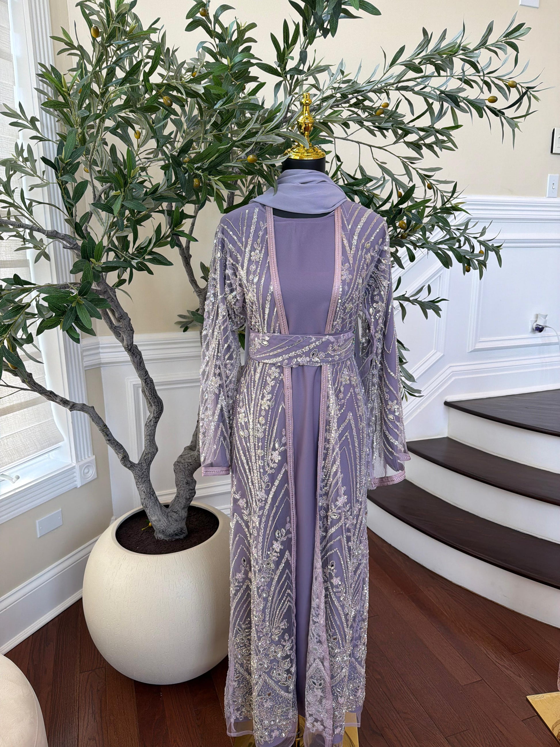 Lavender Sparkle Beaded Cardigan Abaya