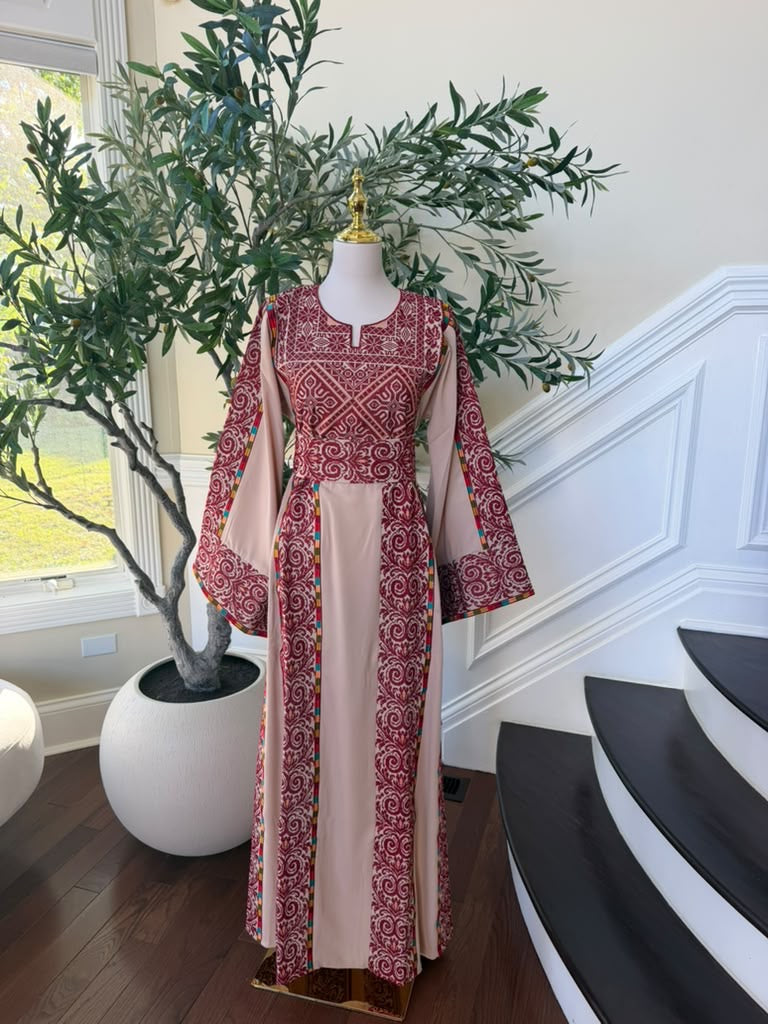 Elegant Blush Pink & Burgundy Embroidered Palestinian Thobe Dress