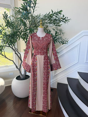 Elegant Blush Pink & Burgundy Embroidered Palestinian Thobe Dress