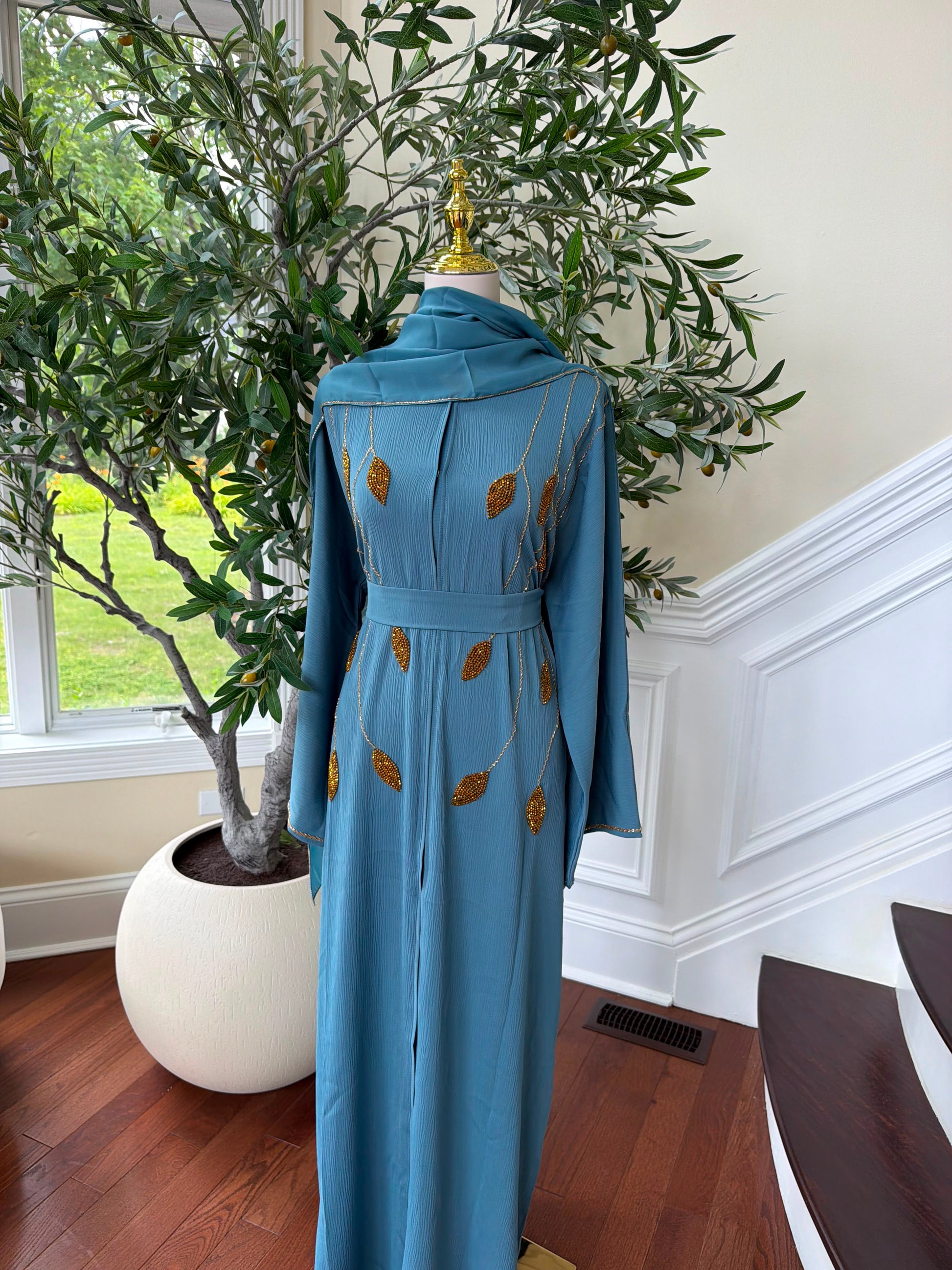 Golden Sky Blue Beaded Abaya