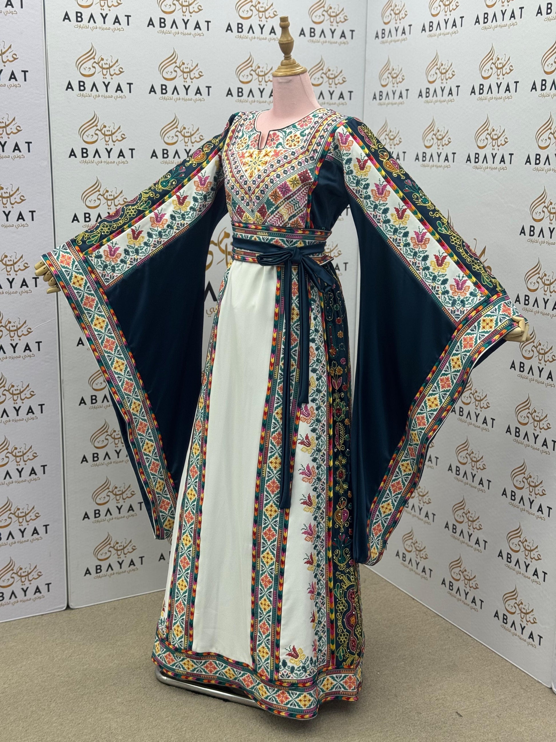 Teal & Ivory Palestinian Embroidered Thobe – Colorful Tatreez Heritage Dress A09042025