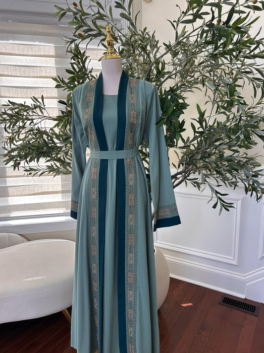 Teal Harmony Two Piece Tatreez Beaded Abaya