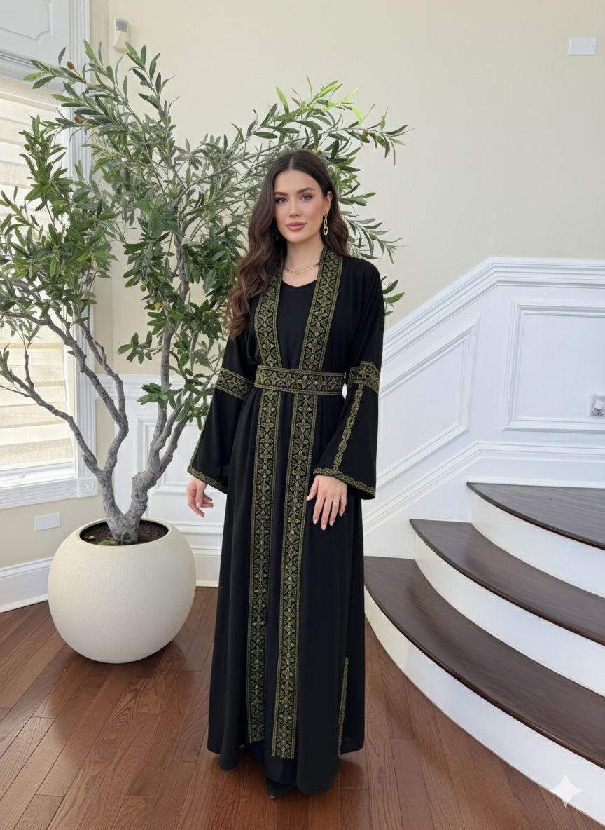 Black Embroidery Green Tatreez Two Piece Thobe