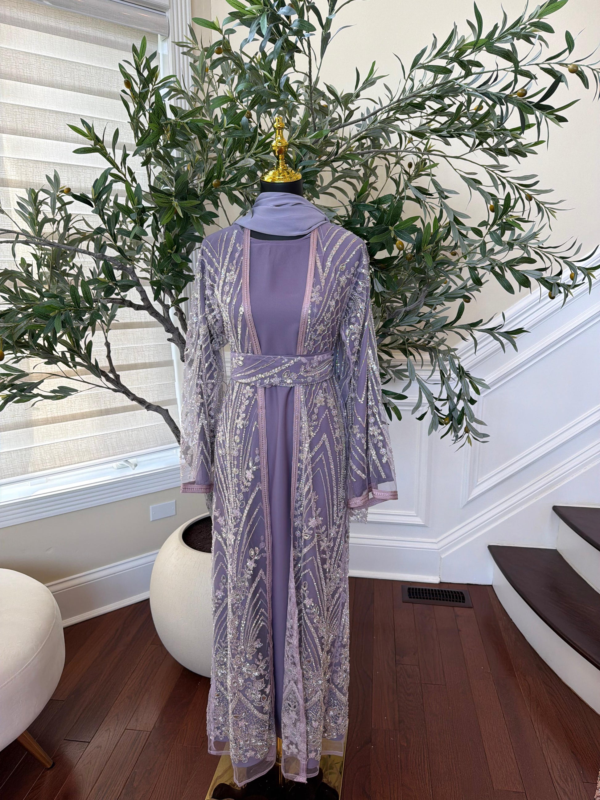 Lavender Sparkle Beaded Cardigan Abaya