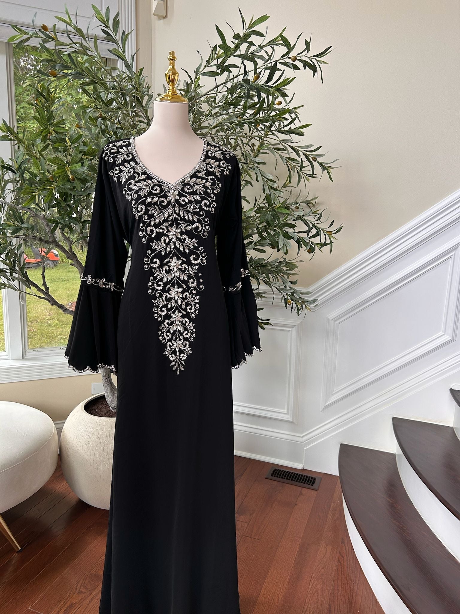 Black Charm Sleeve Detail Beaded Abaya