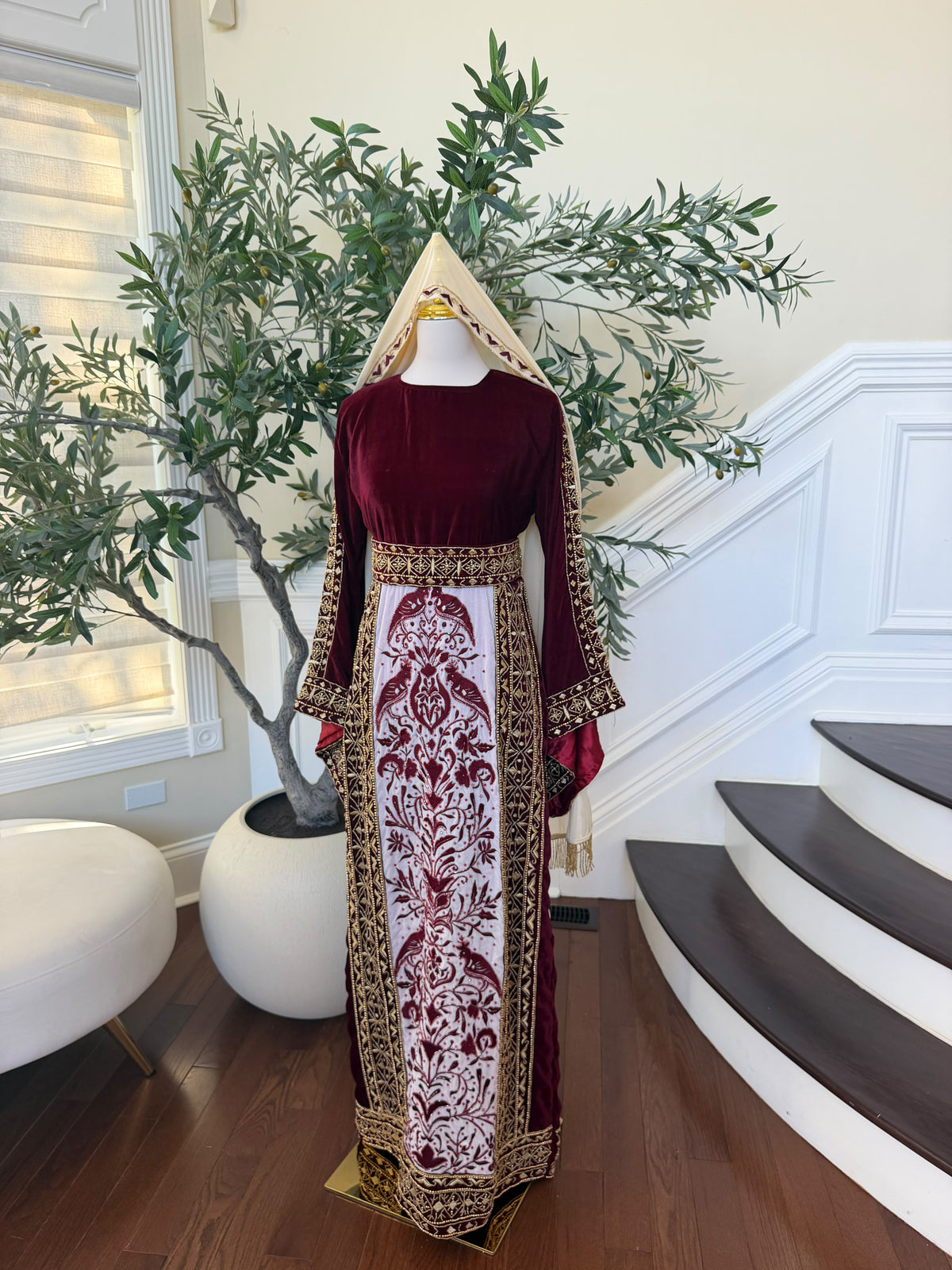 Elegant Burgundy Velvet Palestinian Thobe with Gold Embroidery
