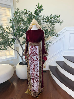 Elegant Burgundy Velvet Palestinian Thobe with Gold Embroidery
