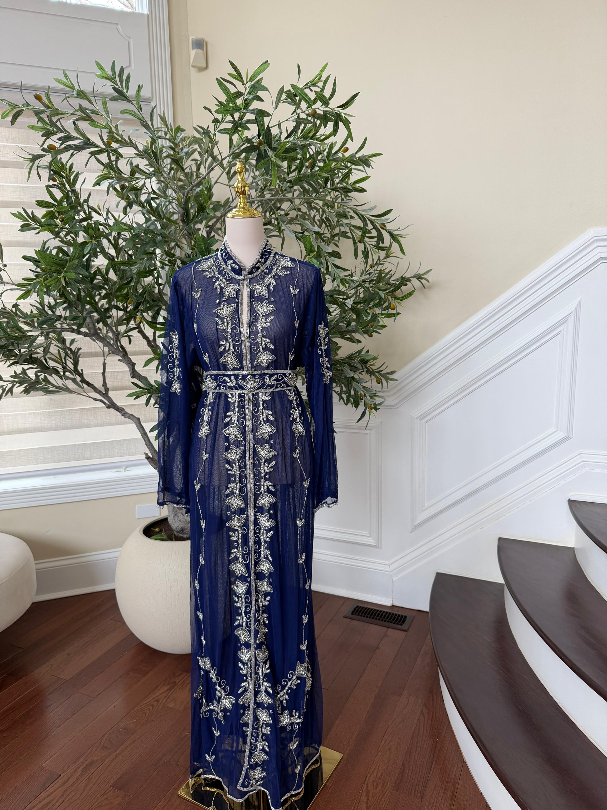 Blue Silver Stone Beaded Abaya