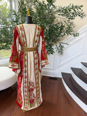 Elegant Cream and Red Thobe with Gold Floral Embroidery(scarf not included)
