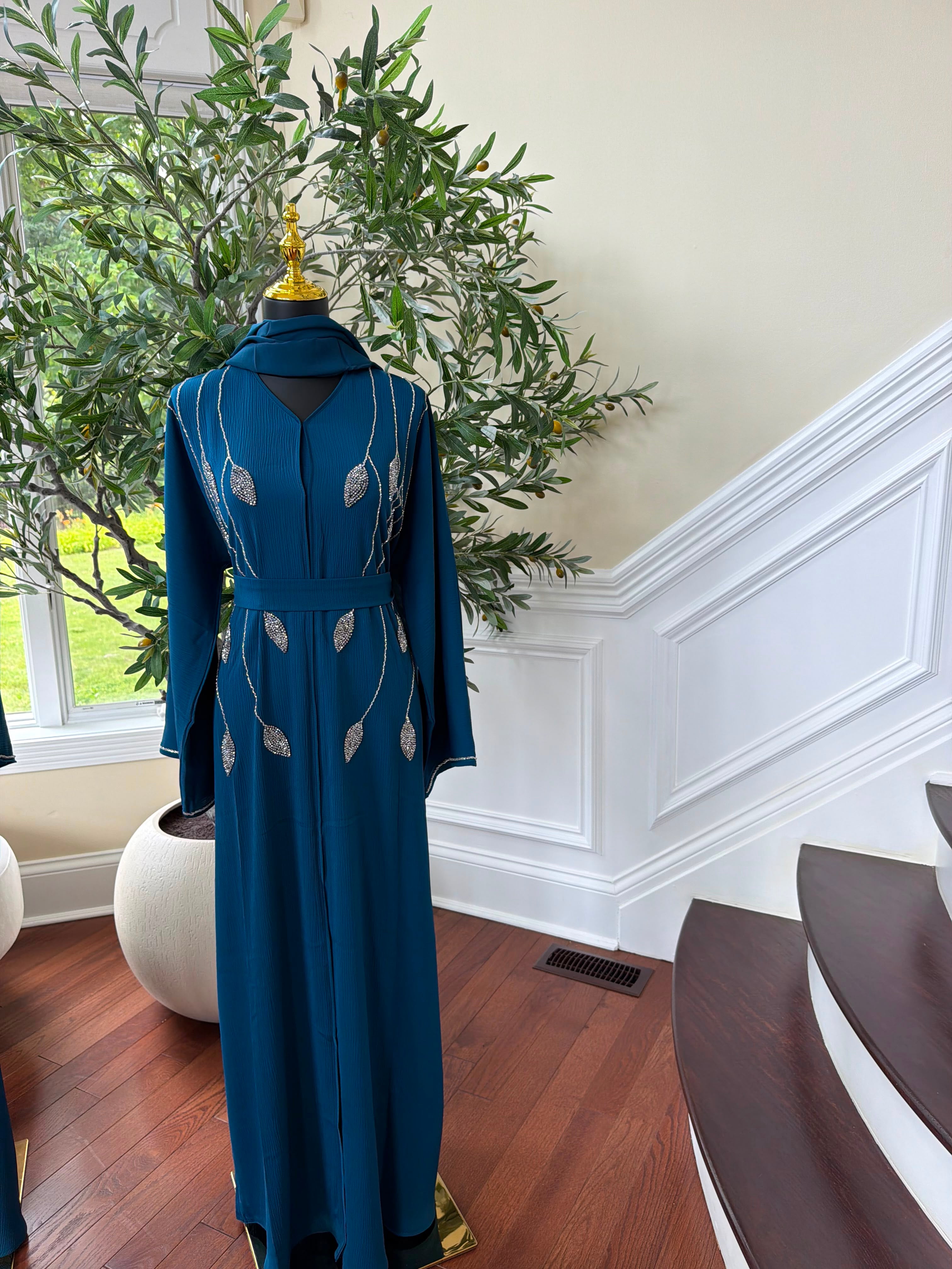 Sky Blue Floral Beaded Abaya
