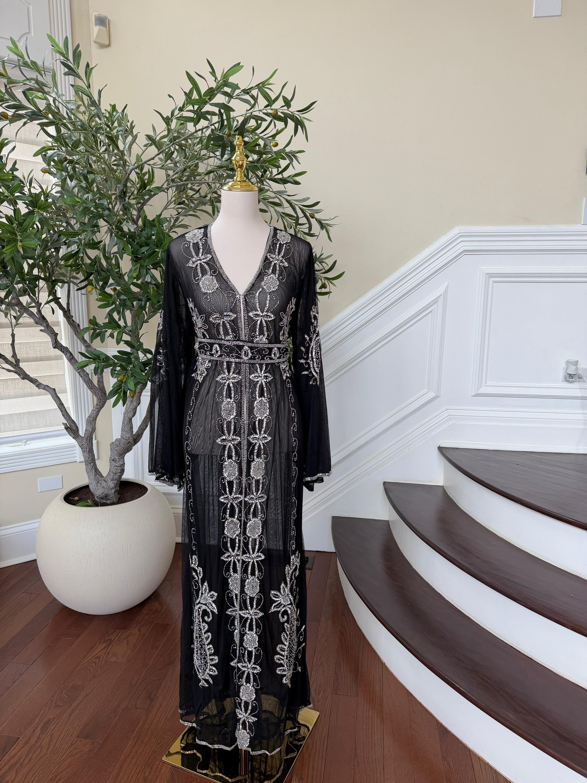 Black Silver Stone Cardigan Abaya