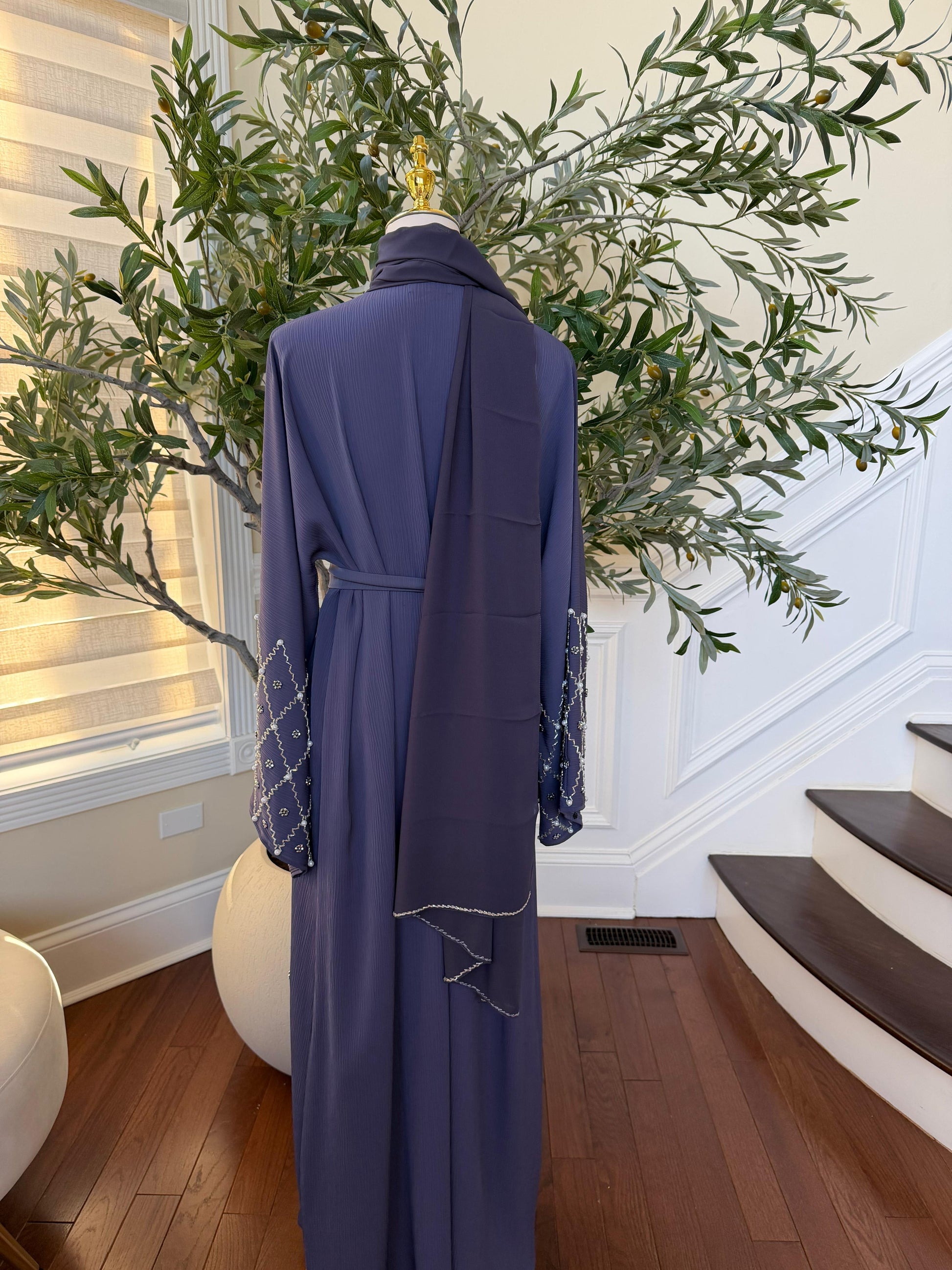 Lavender Blue Charm Stone Beaded Abaya