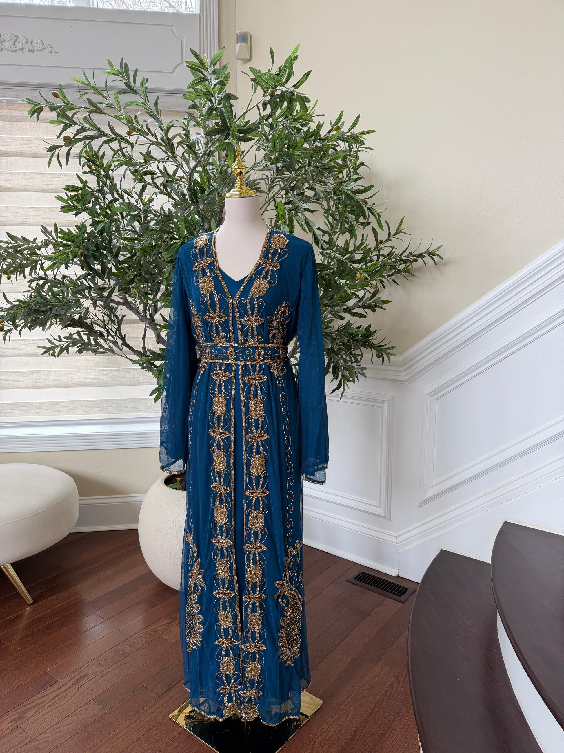 Golden Turquoise Detail Stone Cardigan Abaya