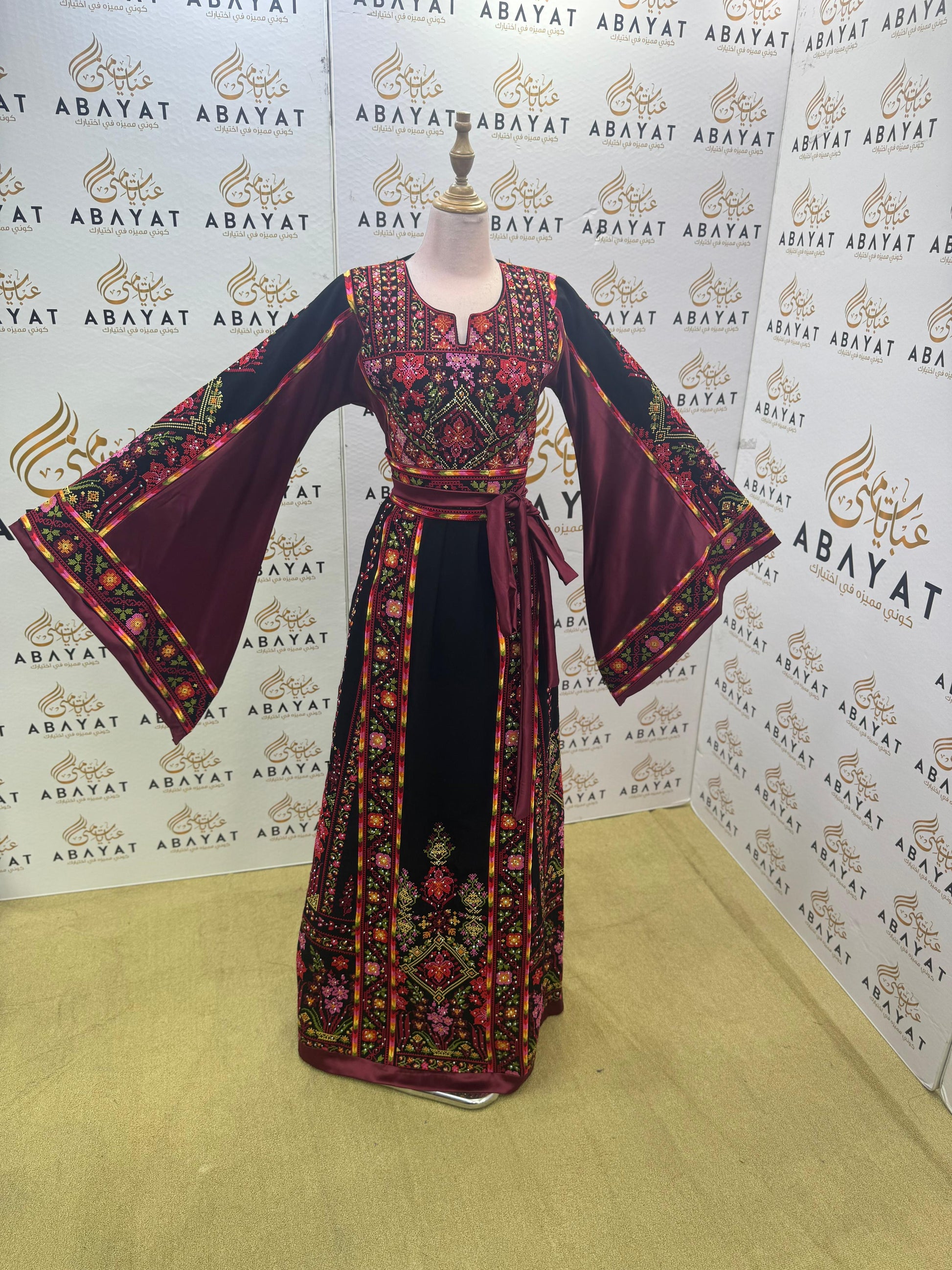 Traditional Palestinian Embroidered Thobe – Burgundy Floral Heritage Dress