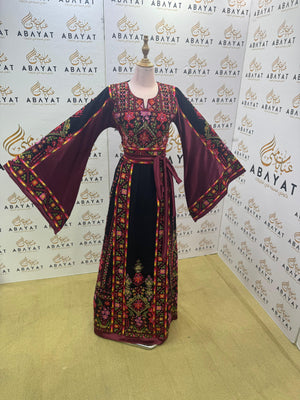 Traditional Palestinian Embroidered Thobe – Burgundy Floral Heritage Dress