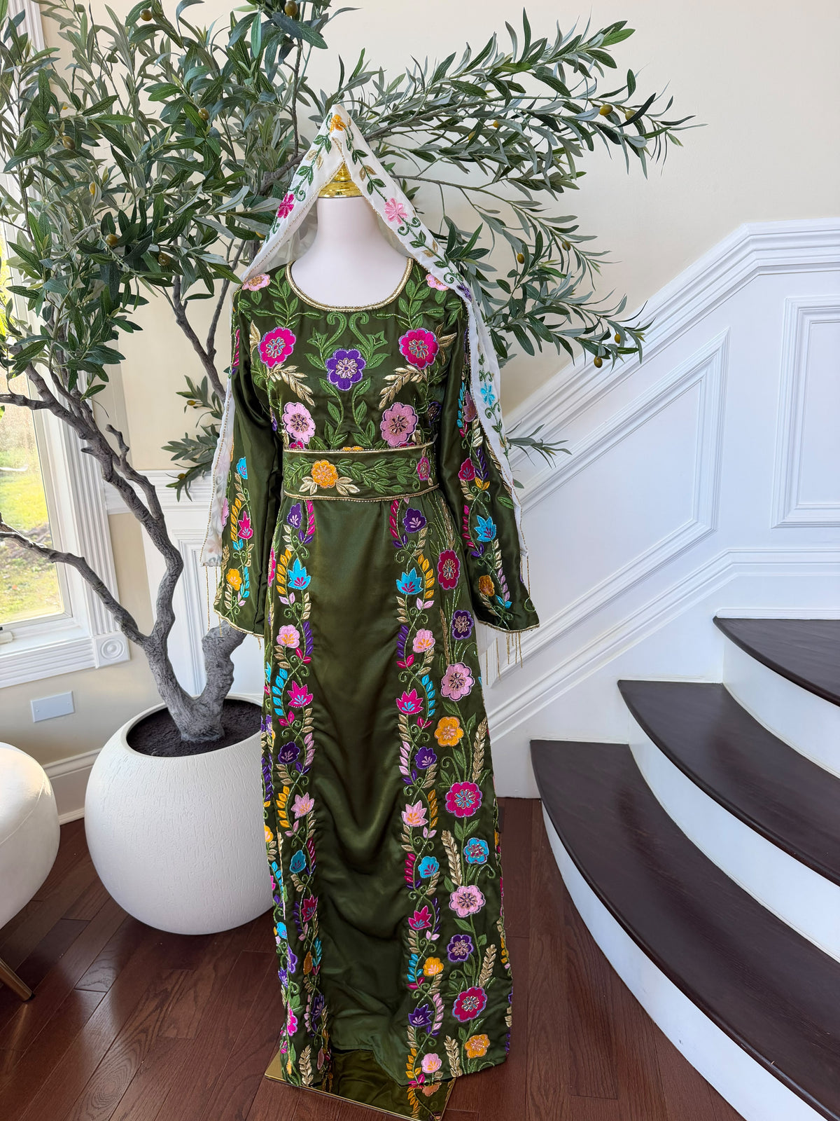 Olive Green Palestinian Stone Thobe with Vibrant Multicolor Floral Embroidery(scarf not included)
