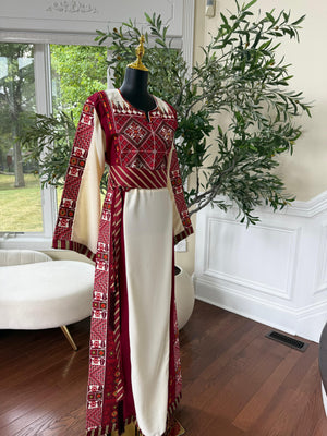 Embroidery Red Tatreez Off White Thobe