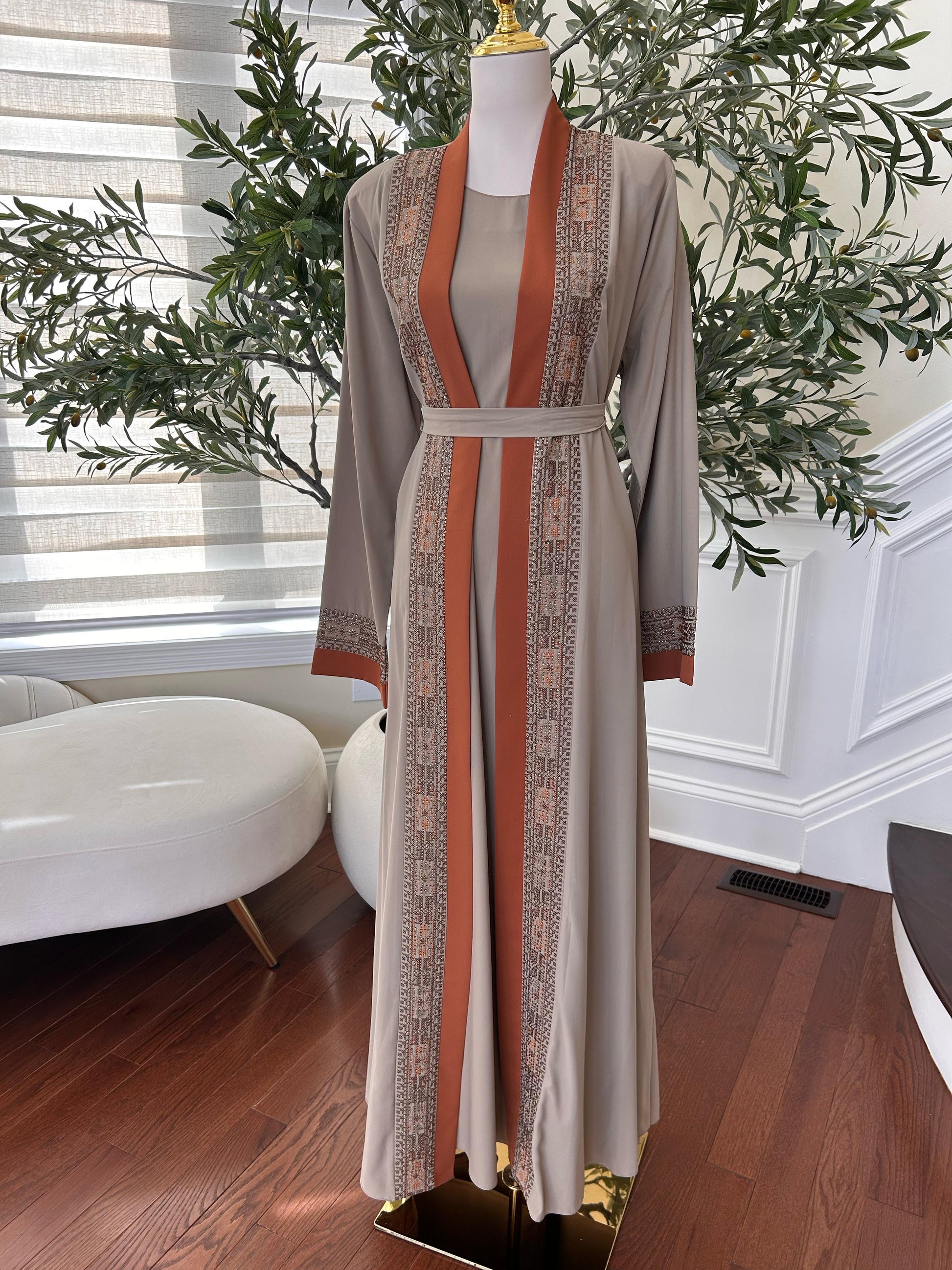 Tan Two Piece Tatreez Beaded Abaya