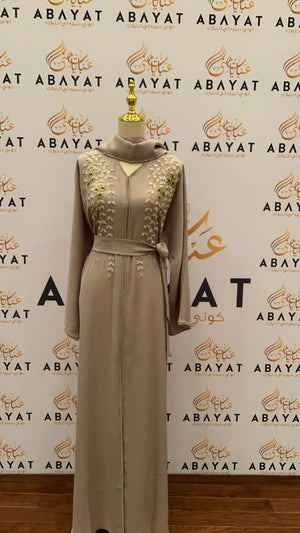 Beige Cream Abaya Featuring Beautiful Floral Handwork #844888