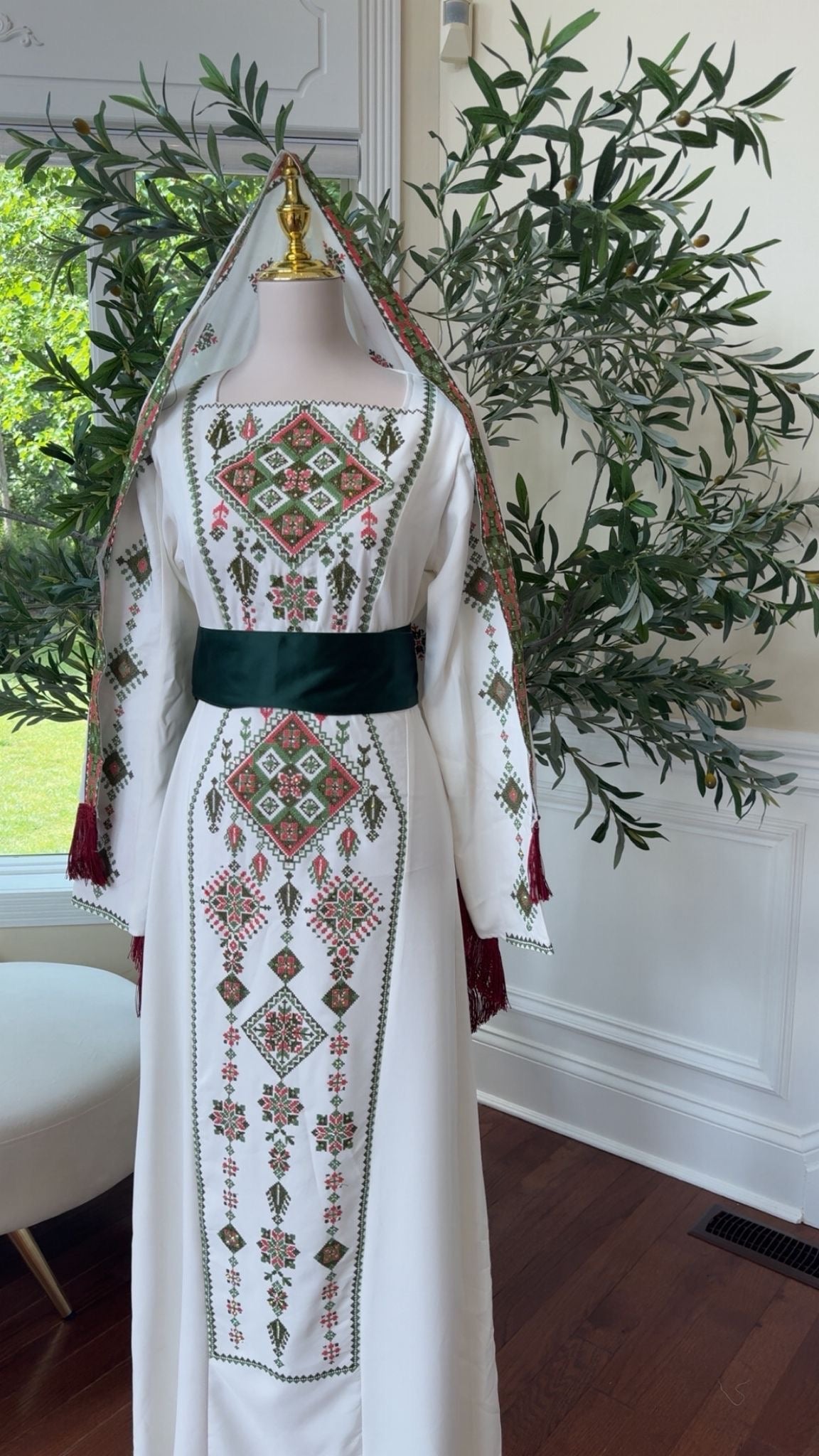 White Thobe Green Tatreez Elegance