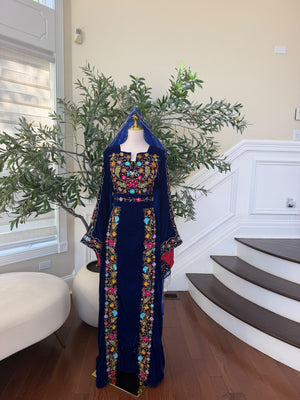 Midnight Blue Velvet Thobe with Intricate Multicolor Embroidery(scarf not included)