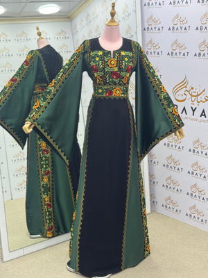 Deep Green & Black Palestinian Embroidery Thobe – Classic Floral Elegance