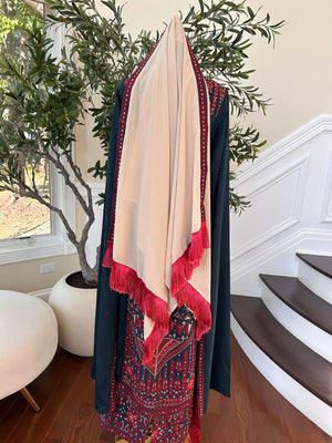 Cream/ Red Tatreez Embroidery Emerald Khirka Shal Mandil