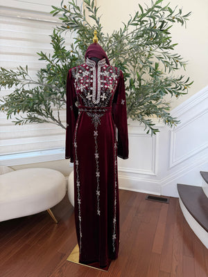 Burgundy Red Crystal Velvet Detailing Abaya