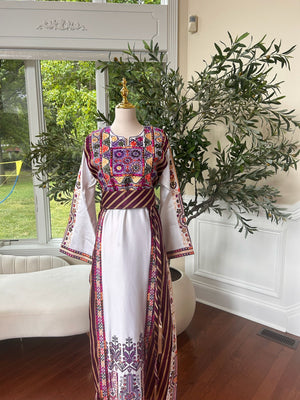 Traditional White Tatreez Thobe with Embroidery Purple Detailing