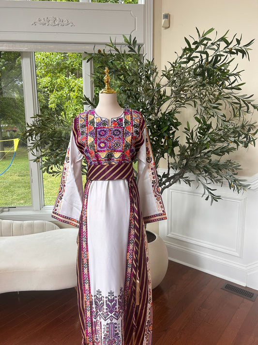 Traditional White Tatreez Thobe with Embroidery Purple Detailing