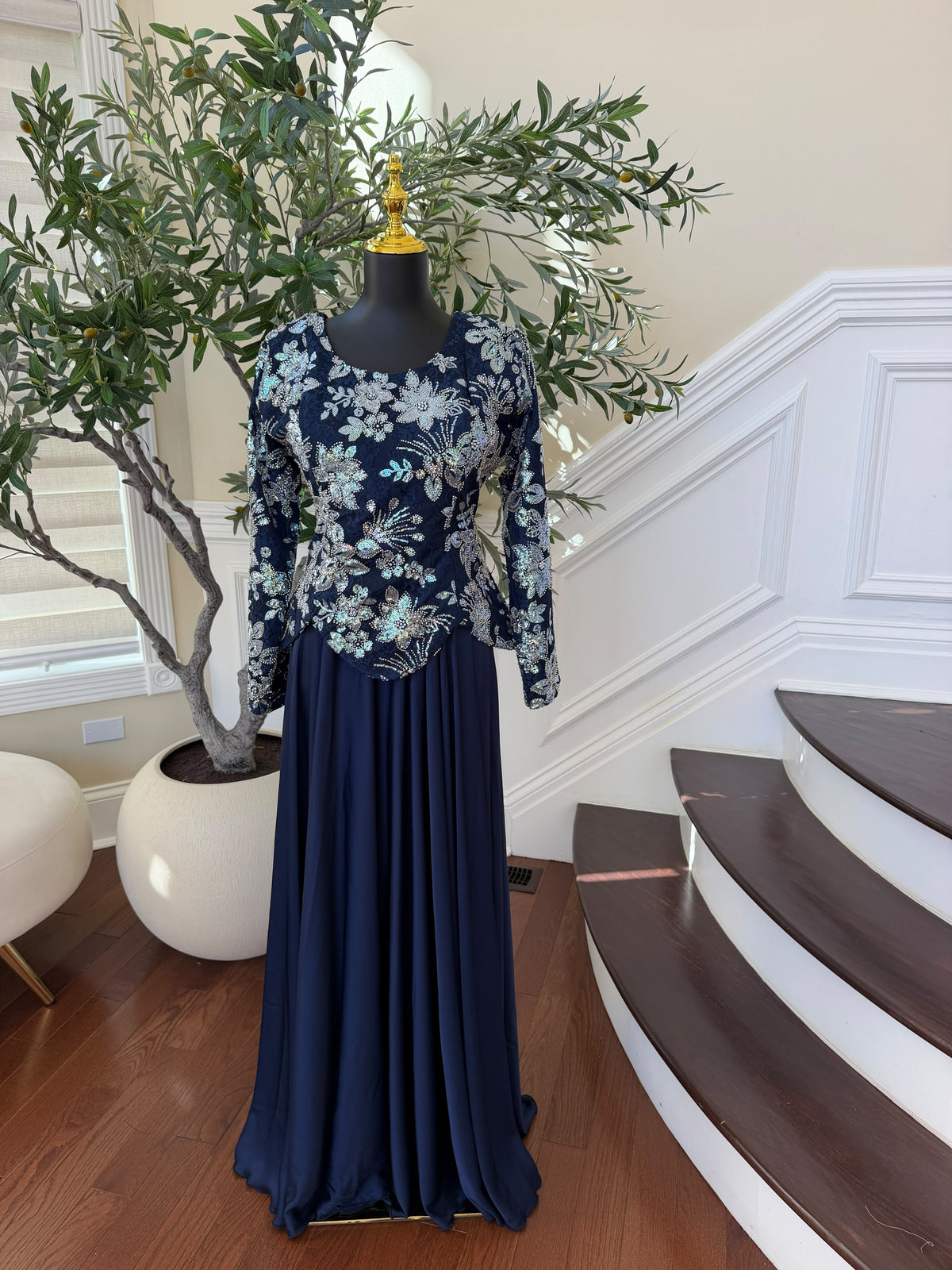 Elegant Navy Blue Evening Gown with Shimmering Silver & Blue Floral Embroidery