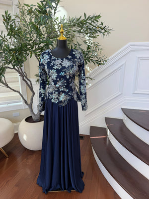Elegant Navy Blue Evening Gown with Shimmering Silver & Blue Floral Embroidery