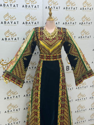 Premium Palestinian Velvet Thobe – Black & Olive Green Embroidery