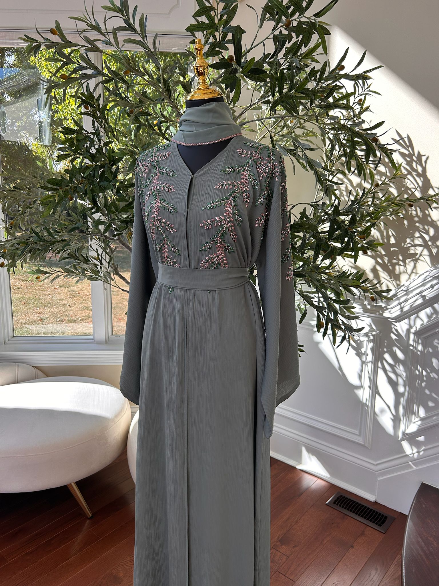 Mint Green Elegance Beaded Charm Abaya
