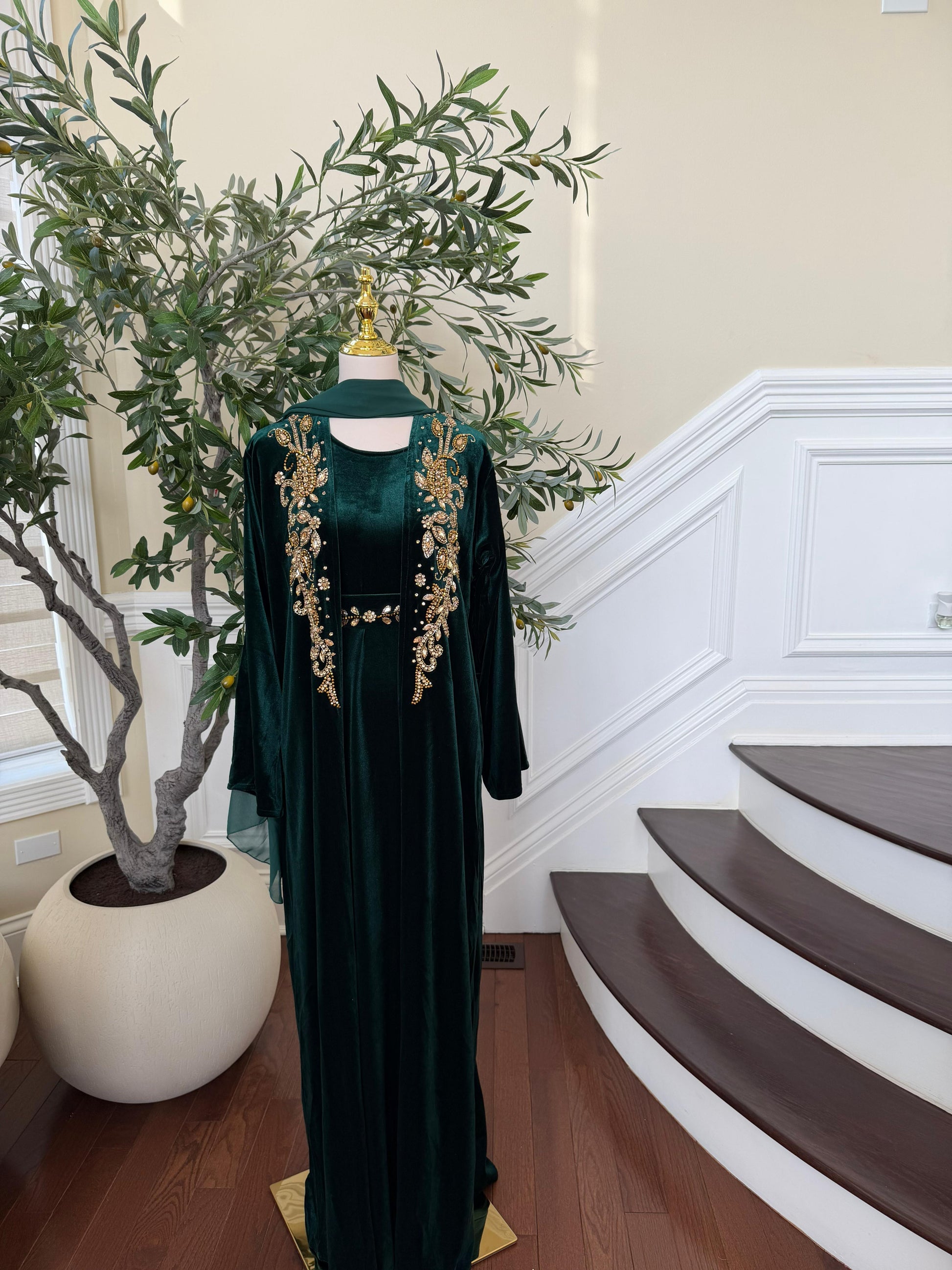 Golden Green Velvet Crystal Two Piece Abaya