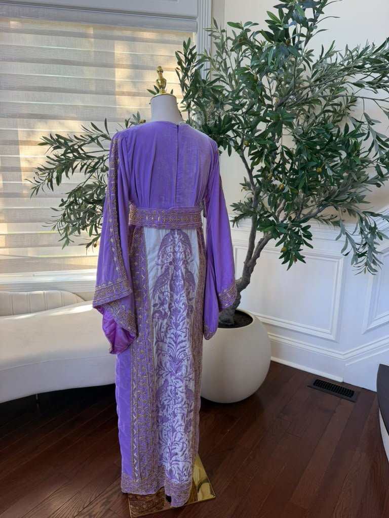 Elegant Lavender Velvet Palestinian Thobe with Gold Embroidery(scarf not included)