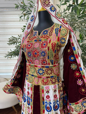 Velvet Maroon and White Traditional Tatreez Sabal Kharaz Detail Thobe