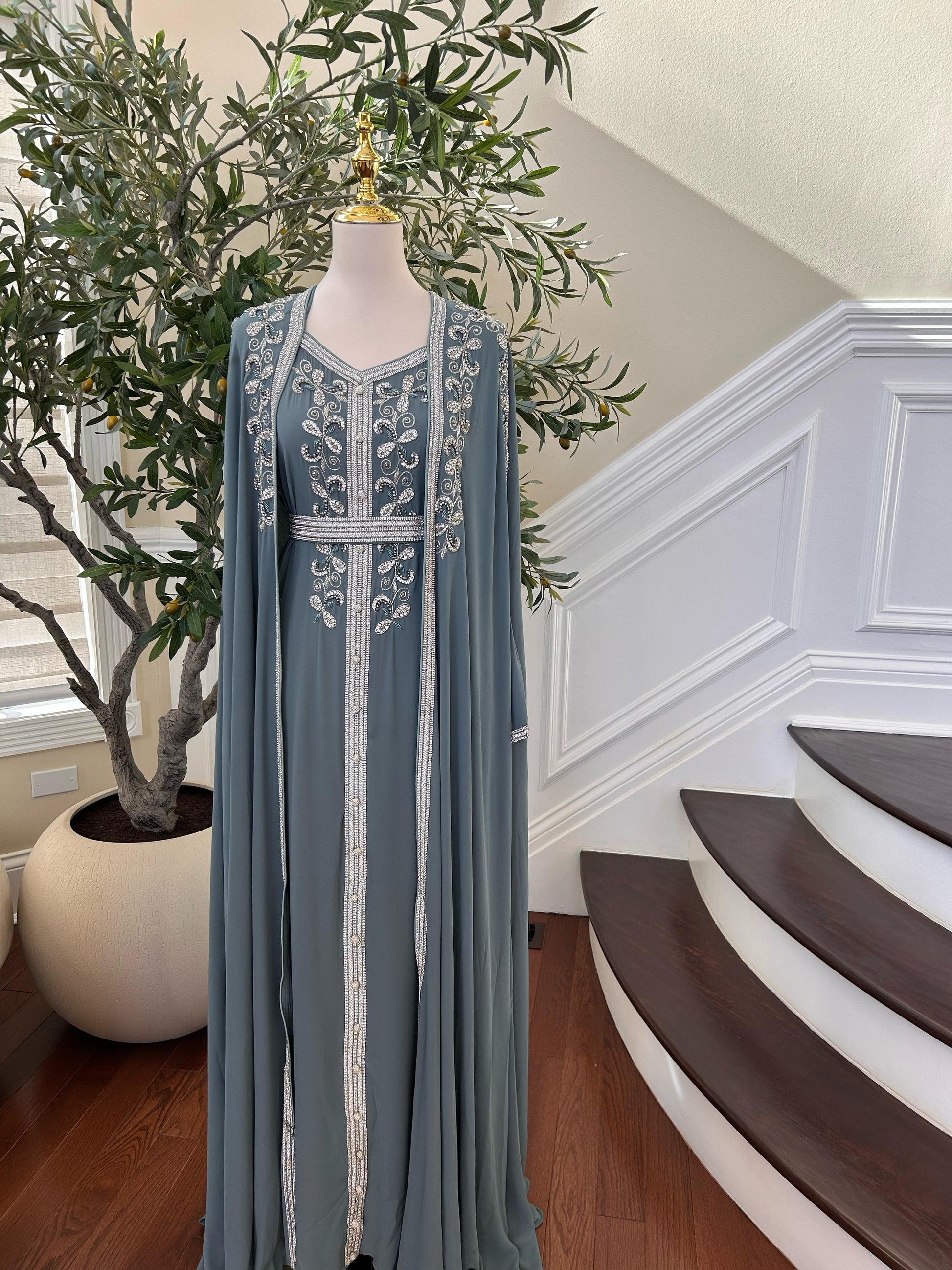 Mint Blue Beaded Stone Kuftan