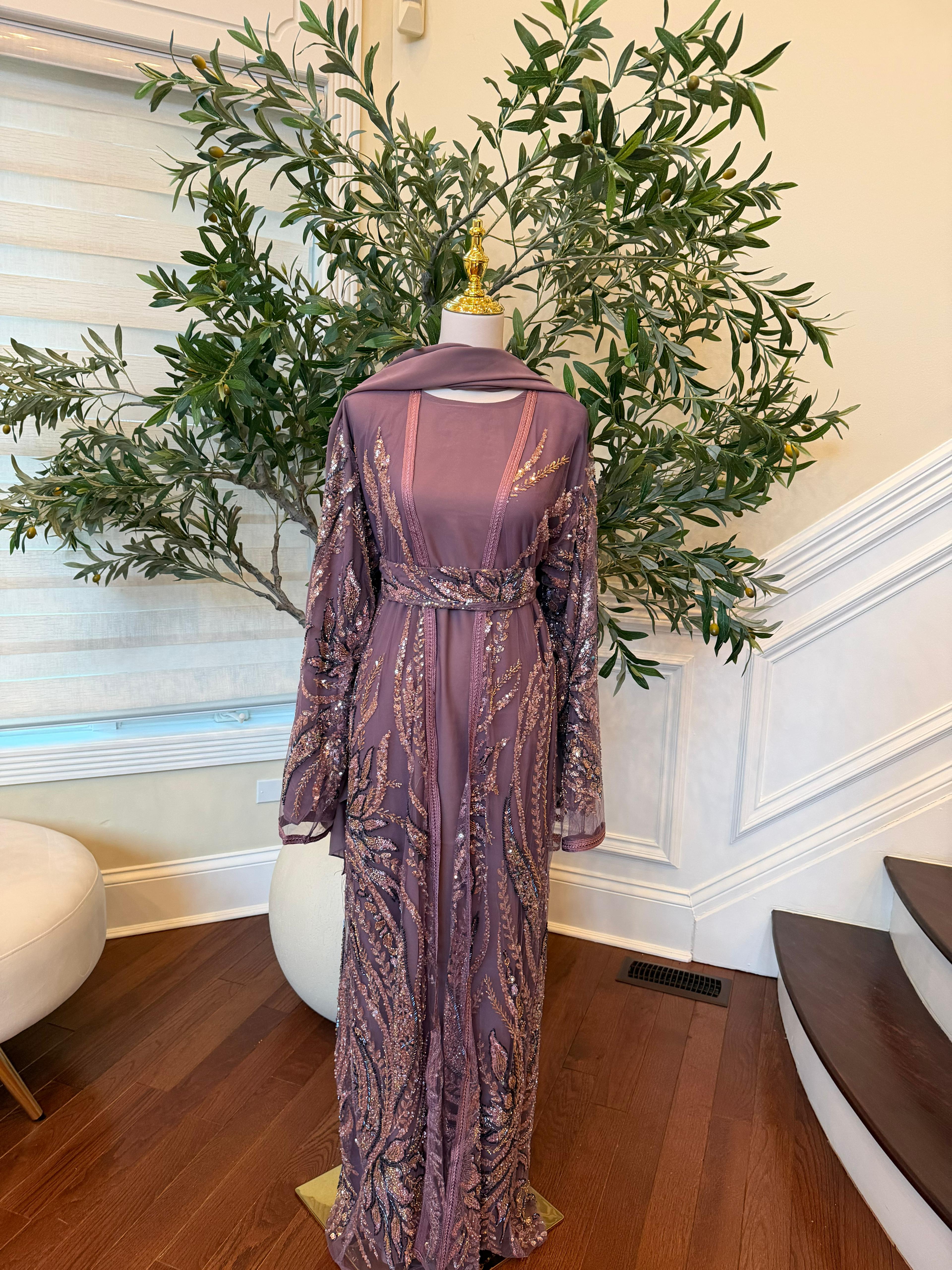 Rose Pink Sequin Two Piece Abaya