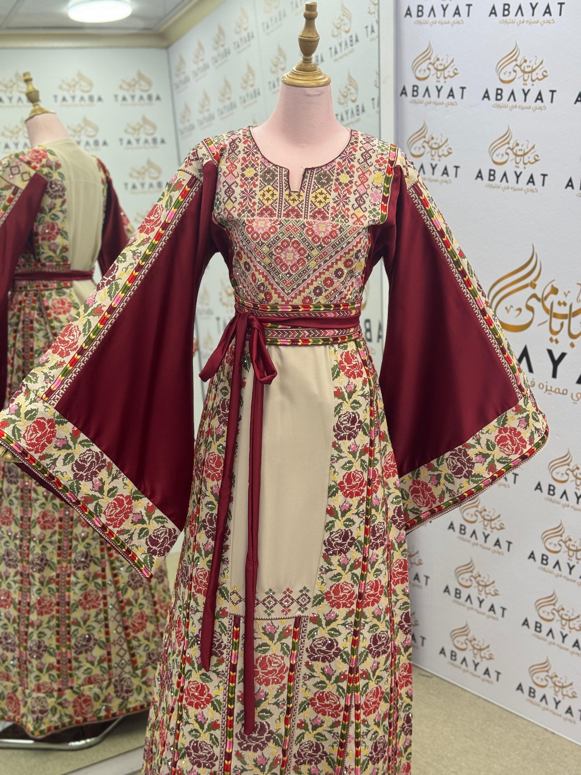 Burgundy & Cream Palestinian Embroidered Thobe | Floral Heritage Design A09052025