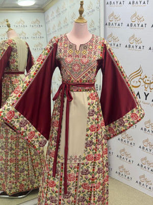 Burgundy & Cream Palestinian Embroidered Thobe | Floral Heritage Design A09052025