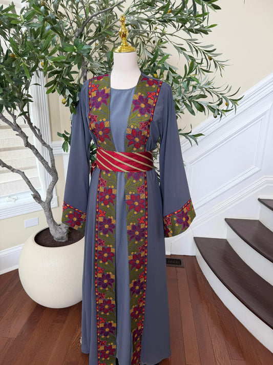 Grey Embroidery Floral Tatreez Thobe