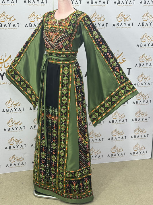 Sage Green Palestinian Thobe – Mixed Velvet & Satin Fabric with Tatreez Design