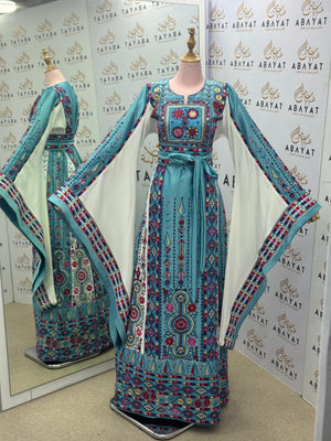 Turquoise & Fuchsia Palestinian Embroidered Thobe – Floral Heritage Design