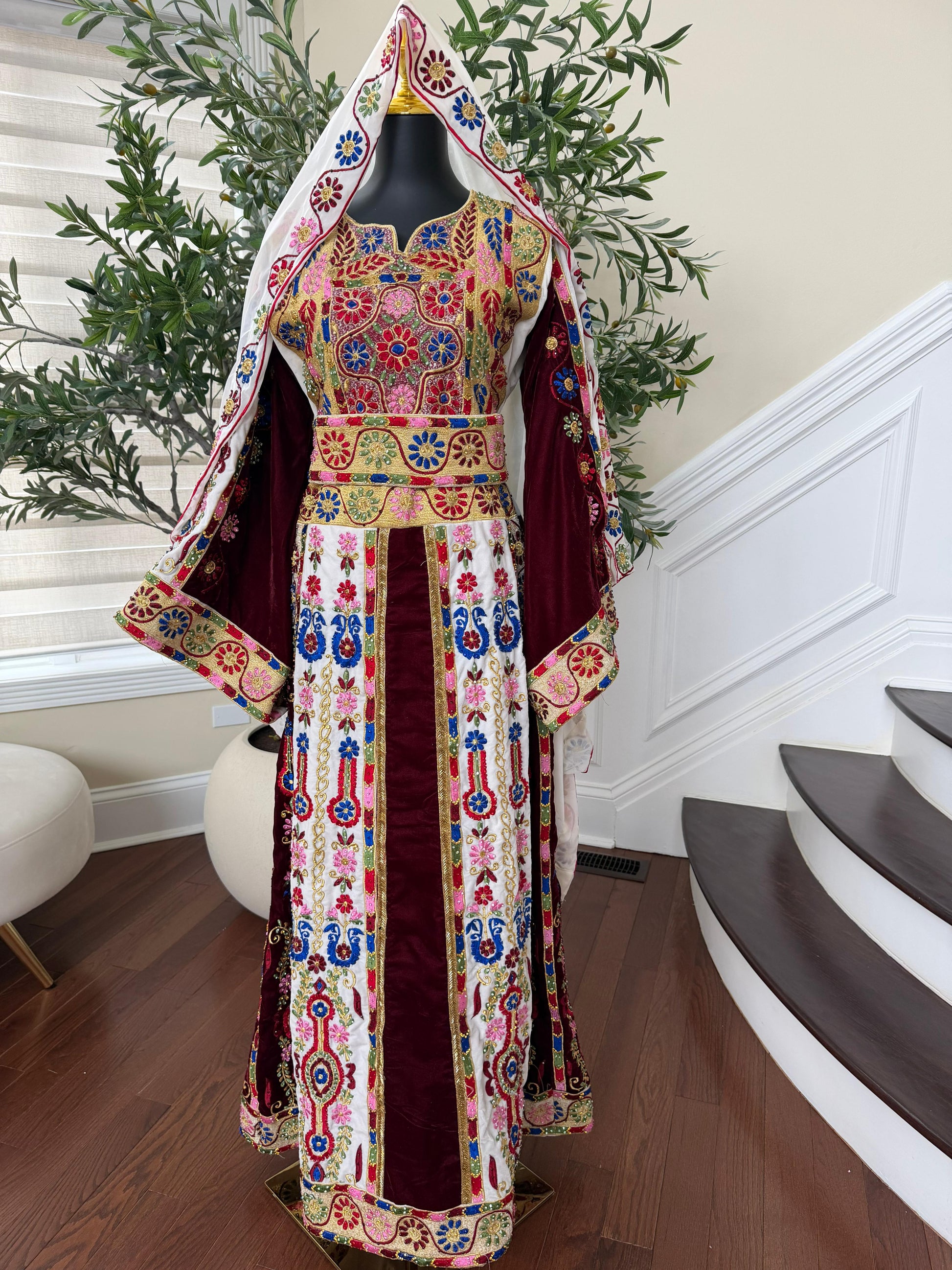 Velvet Maroon and White Traditional Tatreez Sabal Kharaz Detail Thobe