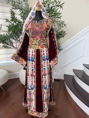 Velvet Maroon and White Traditional Tatreez Sabal Kharaz Detail Thobe