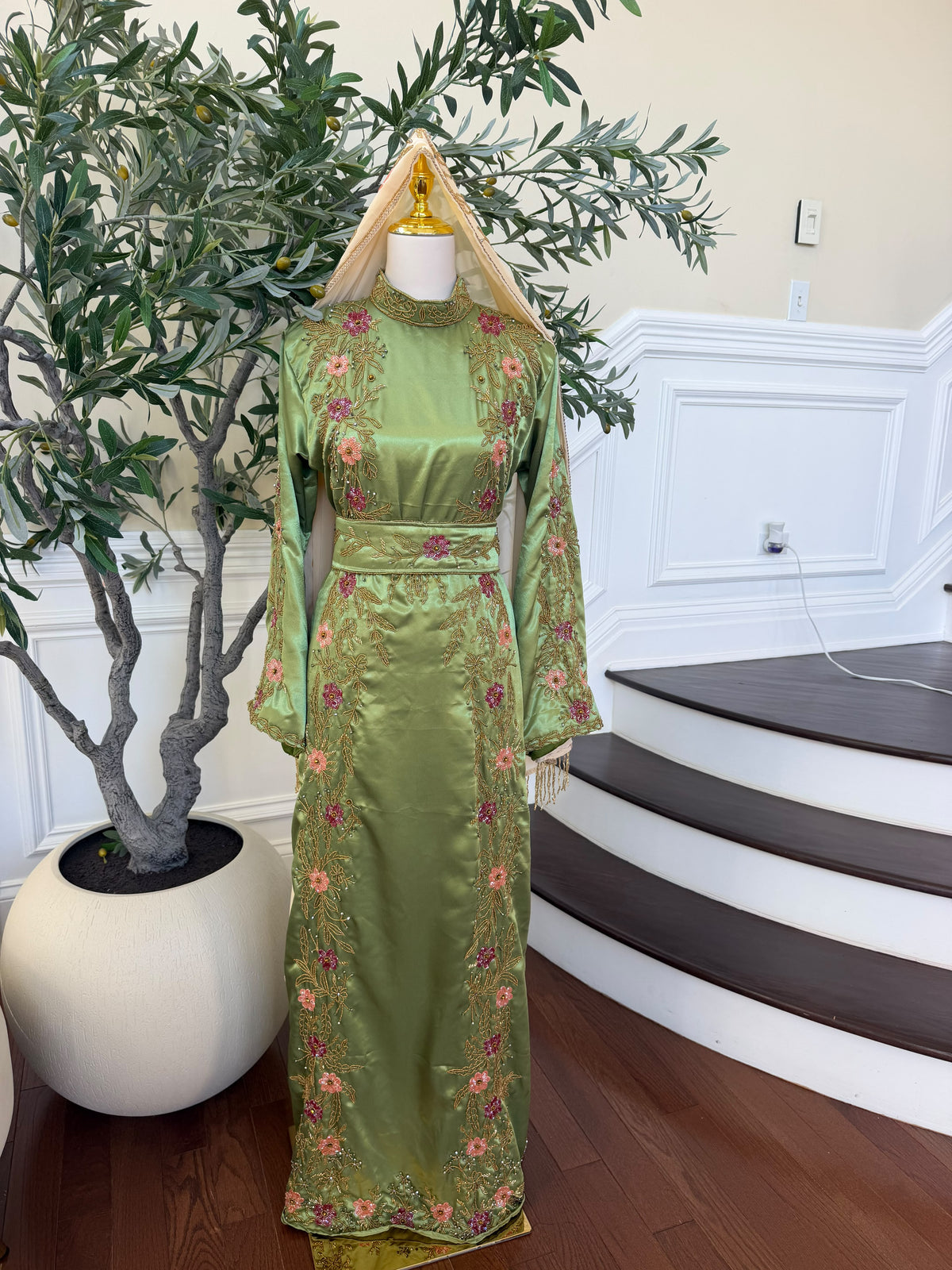 Elegant Sage Green Satin Thobe with Pink Floral Embroidery, Gold Detailing, and Matching Belt( scarf not included)